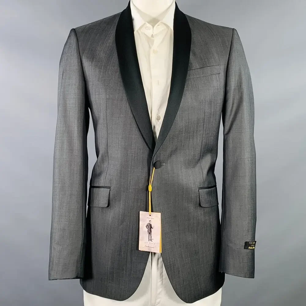 TED BAKER Size 42 Long Grey Black Wool Mohair Shawl Collar Sport Coat